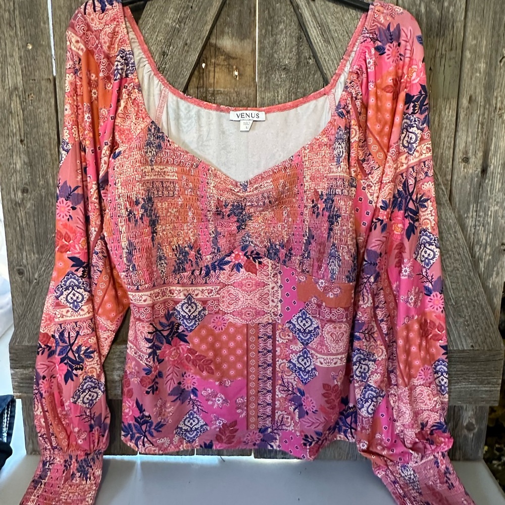VENUS Women's Pink and Orange Patchwork Blouse